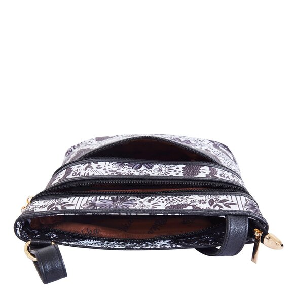 Women Black Printed Fabric Crossbody Sling Bag with Leather Trim–Shoulder Purse - Picture 6 of 9